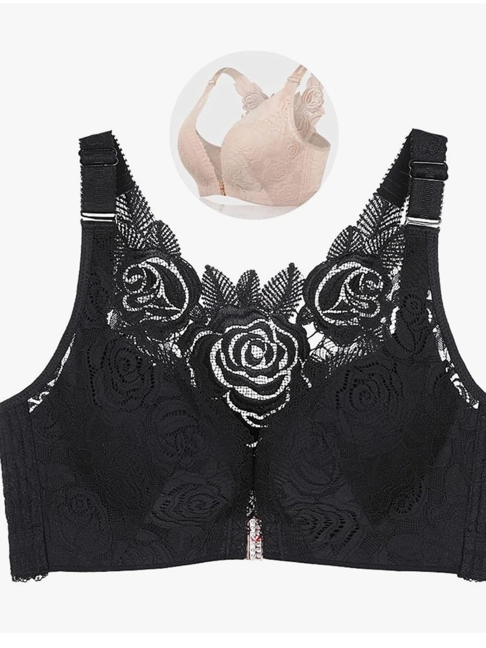 Floral Secrets Black Rose Lace pattern Front Closure Bra Women’s Size 48D